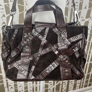 Donald Pliner Suede Crocodile Embossed Leather Studded Bag Chocolate Brown